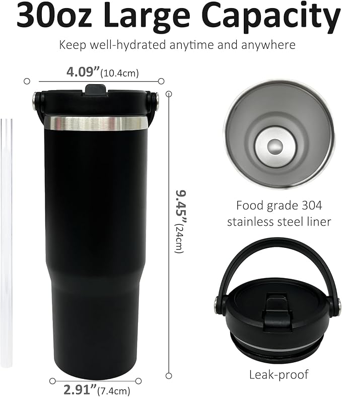 30 oz Tumbler Bulk with Top Handle, Double Wall Vacuum Insulated Tumbler with Flip Straw, Travel Coffee Mug 30oz Powder Coated Cup for Laser Engraving (Black,4 pack)
