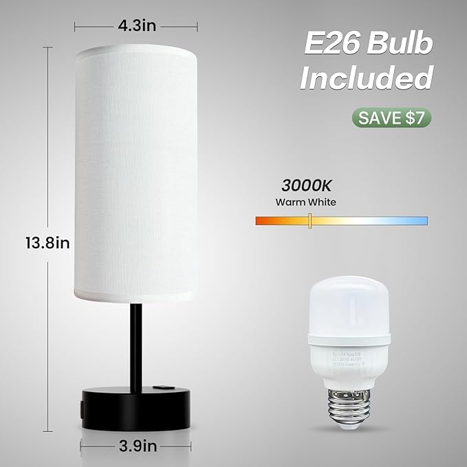 KPQ Small Bedside Lamp Touch Control Table Lamp with USB A+C Charging Ports & AC Outlet 3-Way Dimmable Nightstand Lamp with Linen Fabric Shade for Bedroom Living Room - Bloomnest
