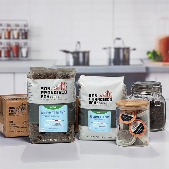 San Francisco Bay Coffee - Decaf Medium-Dark Roast - Decaf Gourmet Blend (80 ct) - Single Serve Coffee Pods, Swiss Water Processed, Commercially Compostable, K Cup Compatible - Bloomnest