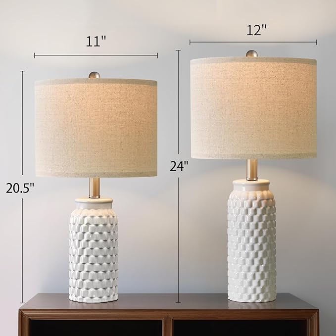 24" Modern Ceramic White Bedside Lamp Set of 2 Table Lamp for Bedroom Decor Farmhouse Table Lamp for Living Room Office Dorm - Bloomnest