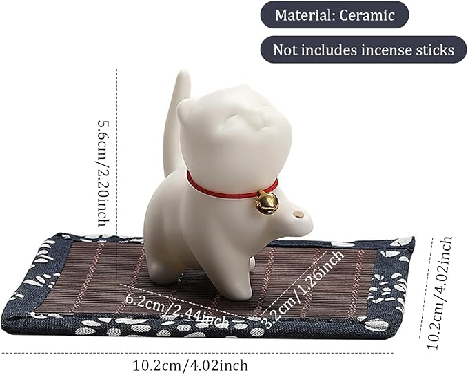 Cat Incense Holder, 2.4inch Ceramic Lucky Cat Incense Stick Holder with Bamboo Mat, Cute Cat Incense Burner, esk Ornament for Home Decorations - Bloomnest