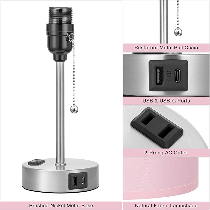 Pink Bedroom Lamp for Bedside - 3 Color Temperatures Desk Lamp with USB C and A Ports, Pull Chain Table Lamp with AC Outlet, Nightstand Lamp with Silver Metal Base for Kids Girls - Bloomnest
