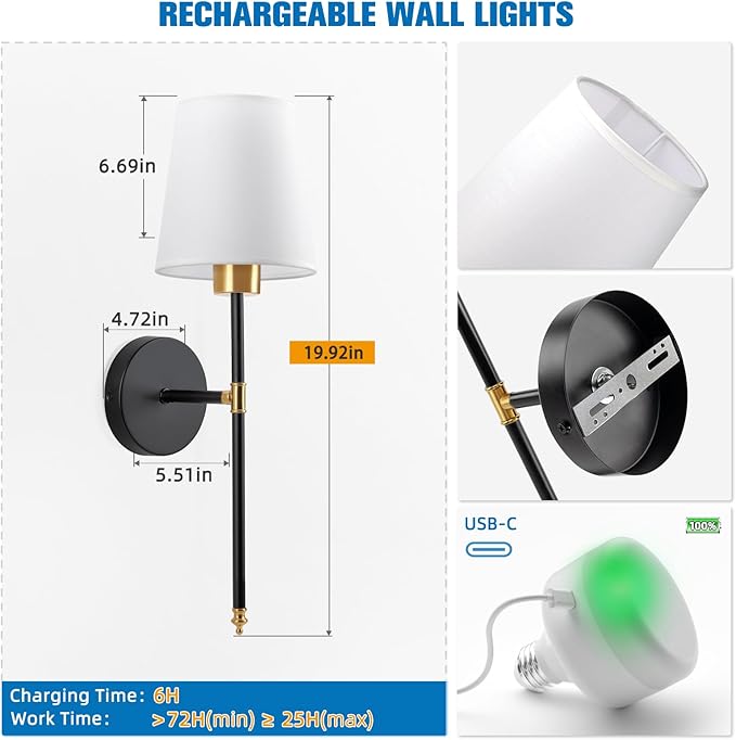 NIORSUN 19.9 inch Battery Operated Wall Sconce Set of 2,Gold-Black Rechargeable Wall Lights with 5200mAh Dimmable Detachable Bulbs and Remote,10 Colors Wireless Sconces for Bedroom Living Room Hallway - Bloomnest