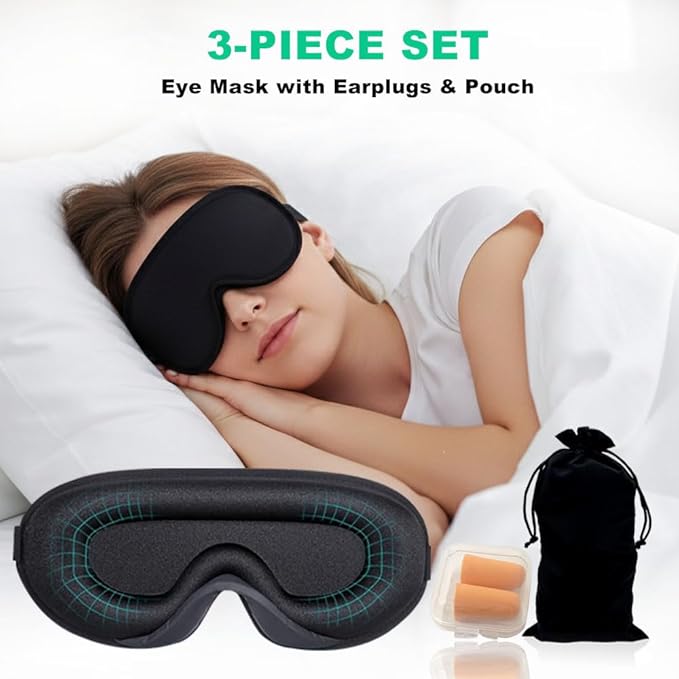 3D Sleep Mask for Side Sleepers, Blackout & Zero Pressure - Breathable Memory Foam, Adjustable Strap - for Travel, Yoga & Meditation Black - Bloomnest
