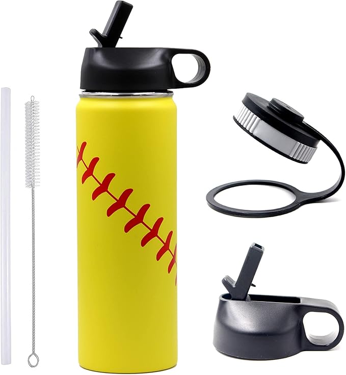 22 oz Softball Water Bottle, Wide Mouth Sports Flask Metal Travel Tumbler with 2 Lids, Stainless Steel Double Wall Vacuum Insulated Leak Proof Thermo Water Bottles, Softball Stuff Gifts for Mom Girls - Bloomnest