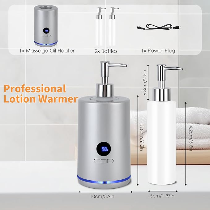 Massage Oil Warmer with 2 Bottles, Professional Electric Lotion Warmer Bottle, Digital Display, Rapid Heating, Automatic Massage Oil Heater for Salon Spa Massage (Silver) - Bloomnest