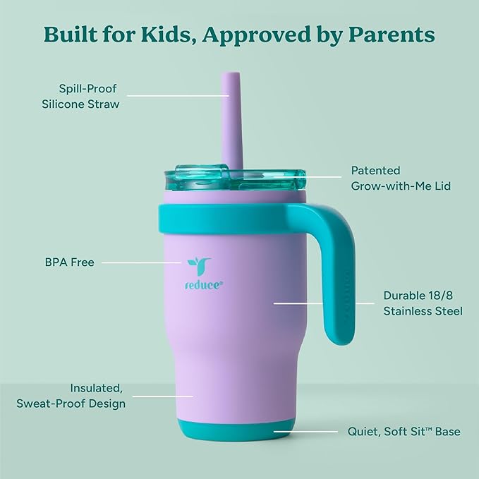 REDUCE 14 Oz Coldee Kids Tumbler with Lid and Straw - Coldee Insulated Travel Mug - Spill-Proof, Sweatproof Stainless Steel, BPA-Free - Includes Handle, Reusable Silicone Straw - Purple Mermaid - Bloomnest