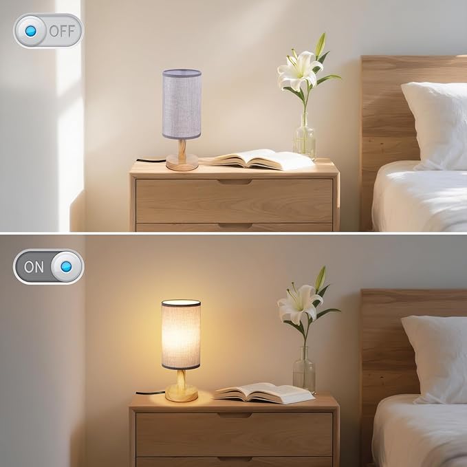 Gray Small Bedside Table Lamp for Bedroom,Natural Round Wood Base&Fabric Linen Shade,Cozy Night Table Light for Study Reading,Minimalist Boho Desk Lamp for Nightstand,Living Room,Nursery,Kitchen,Dorm - Bloomnest