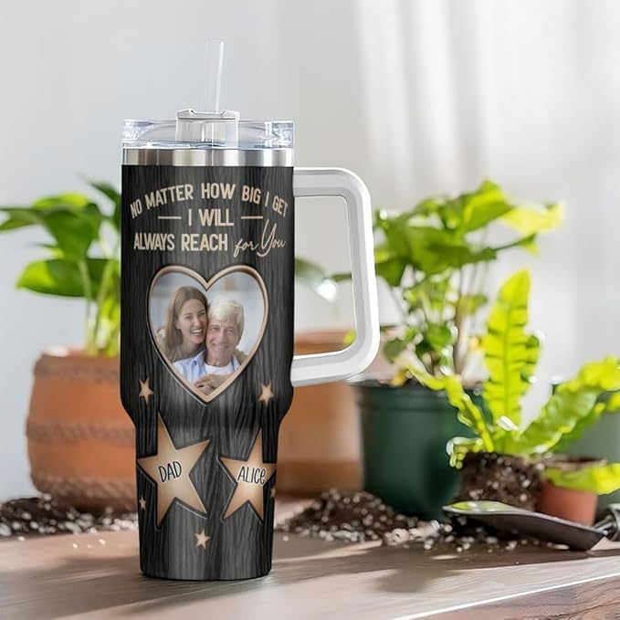 Personalized Dad Tumbler with Photo and Names, Custom Star Design Gift from Daughter, Father’s Day Mug with Handle and Straw, Always Reach for You Theme - Bloomnest