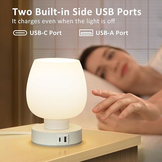 Touch Bedside Table Lamp - Small Lamp for Bedroom with USB C+A Charging Ports 3 Way Dimmable, Nightstand Desk lamp with White Opal Glass Lamp Shade Warm LED Bulb Included, Simple Design Gifts - Bloomnest