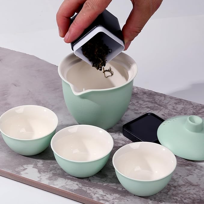 Porcelain Chinese Gongfu Tea Sets for Adults Ceramic japanese Tea Set Portable Kungfu Gaiwan Teapot and Cup Set Small Travel Teaset with Lid for Home Gifting Outdoor and Office (Blue) - Bloomnest