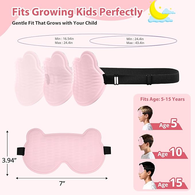 Kids Sleep Mask, 3D Sleeping Eye Mask for Kids with Adjustable Elastic Strap, Bear Shape Eye Cover with Memory Foam, Soft & Light-Blocking, Gift for Boys Girls Teens Age 5–15 (Light Pink) - Bloomnest