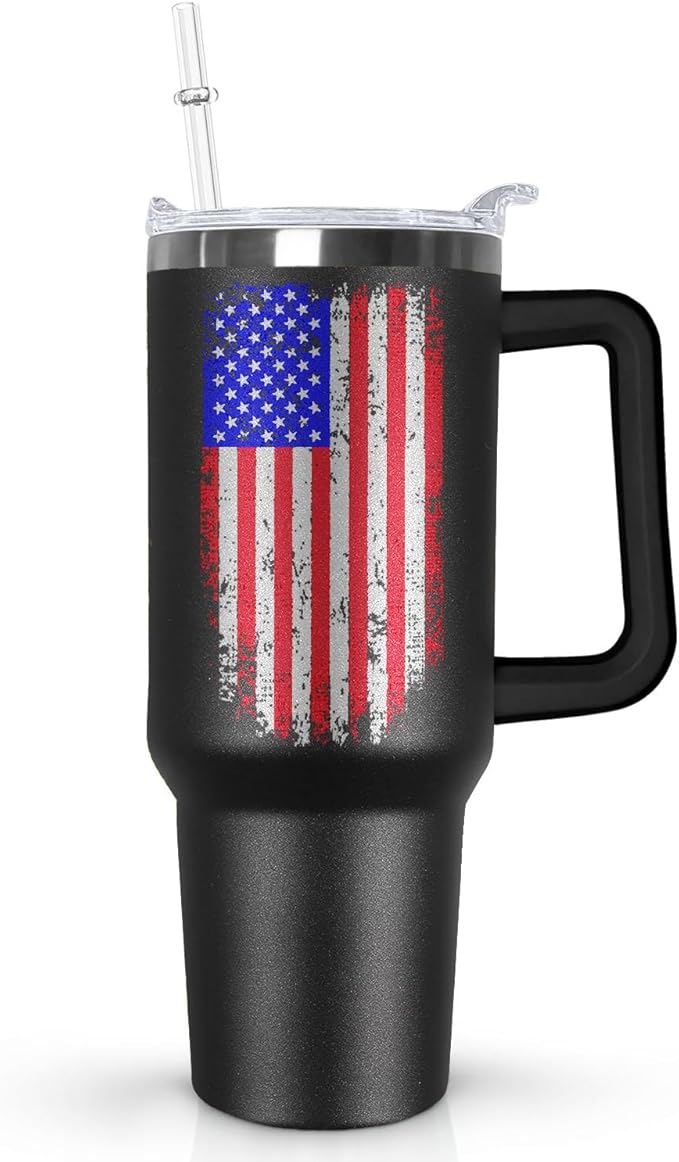 Ceovfoi American Flag Tumbler with Handle,40 oz Dad Vacuum Insulated Stainless Steel Travel Tumblers,Patriotic Military Gifts For Veterans, Police, Fathers Day, 4th of July - Bloomnest