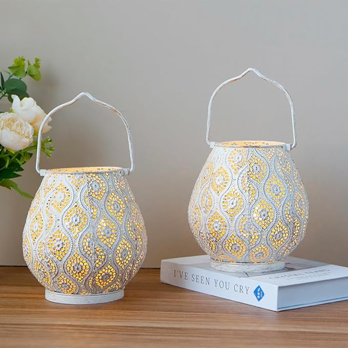 TRIROCKS Set of 2 Moroccan Decorative Lamps 8'' High Battery Powered Cordless Lamp Metal Table Lamps with Fairy Lights Bulb for Home Living Room Garden Yard Party Events Tabletop Indoor Outdoor(White) - Bloomnest