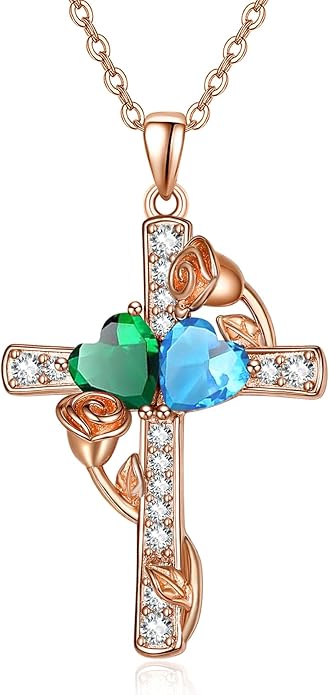 Rose Gold Dual Birthstones Cross Necklace for Women Rose Flower Jewelry Anniversary Christmas Mother's Valentine's Day Birthday Gift for Wife Girlfriend Mom - Bloomnest