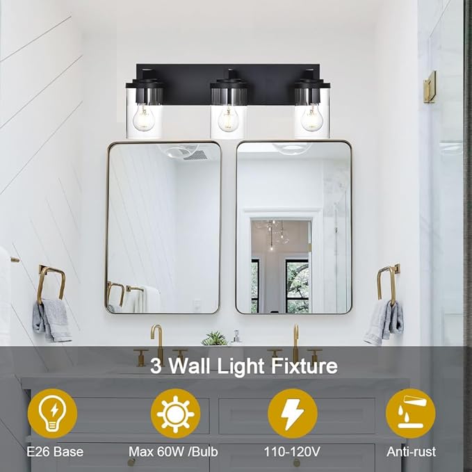 BONLICHT Modern 3-Light Vanity Light Fixture Black Bathroom Wall Light Over Mirror with Clear Glass Shade, Rustic Vintage Wall Sconce Lighting Farmhouse Wall Mounted Lamp for Powder Room Hallway - Bloomnest