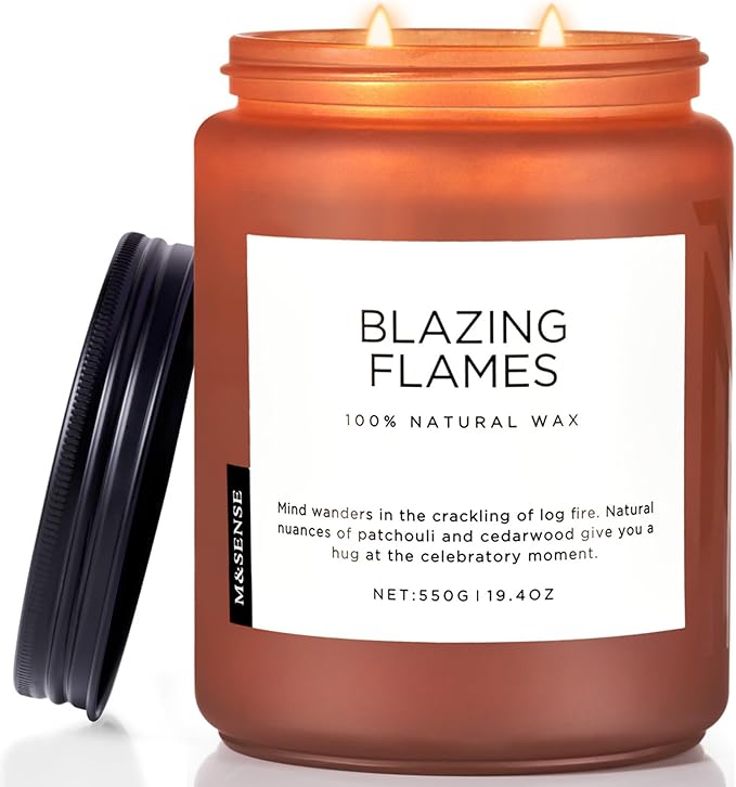 M&SENSE Blazing Flames Scented Candles with Log Fire - Patchouli & Cedarwood, Large Natural Soy 19.4oz 110 Hour Long Lasting Non Toxic Clean Burn Candle Gifts for Men Women - Bloomnest