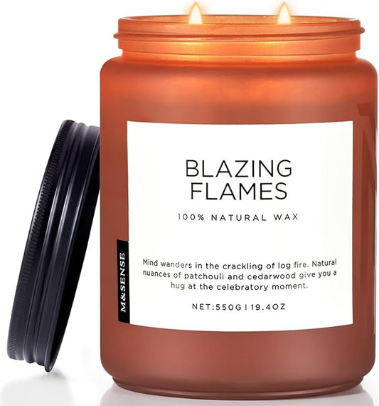 M&SENSE Blazing Flames Scented Candles with Log Fire - Patchouli & Cedarwood, Large Natural Soy 19.4oz 110 Hour Long Lasting Non Toxic Clean Burn Candle Gifts for Men Women - Bloomnest