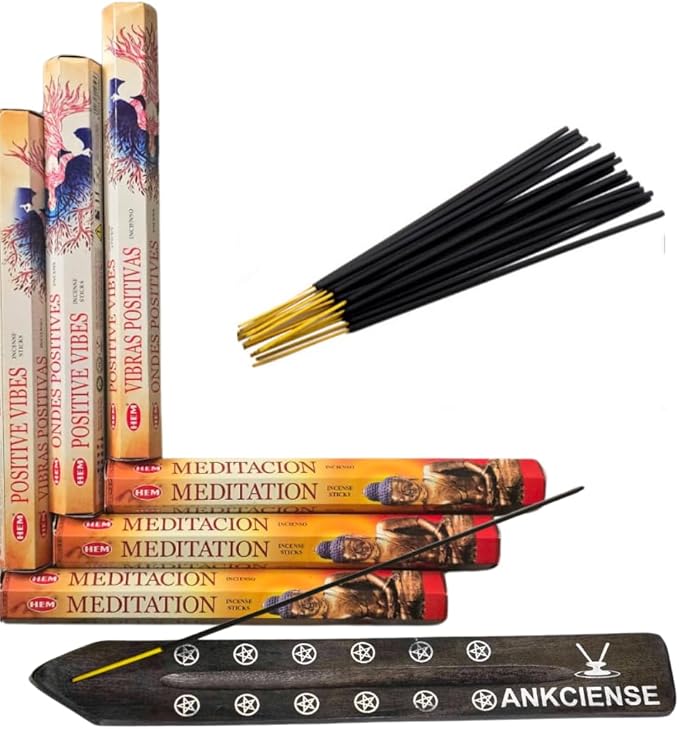 Sandalwood & Vanilla Incense from Hem Bundled with ANKCIENSE Incense Holder Bundle, Variety Pack of 120 Sticks (Positive Vibes & Meditation)