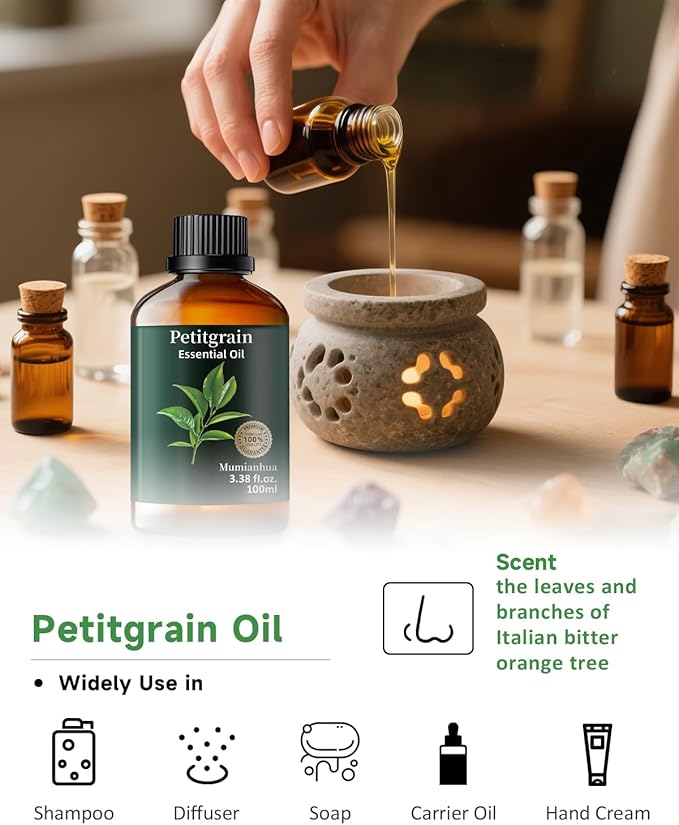 Pure Petitgrain Essential Oil, Mumianhua Natural Petitgrain Oil for Diffuser, Humidifier, Skin, Hair, Aromatherapy, Massage, Daily Calm, Balance Support, Relaxation, Soap, Candle Making 3.38 Fl Oz - Bloomnest
