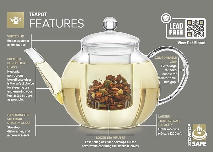 Teabloom Stovetop & Microwave Safe Glass Teapot with Removable Loose Tea Glass Infuser – Includes 2 Blooming Teas – 2-in-1 Tea Kettle and Tea Maker – Tea Purist's Choice - Bloomnest