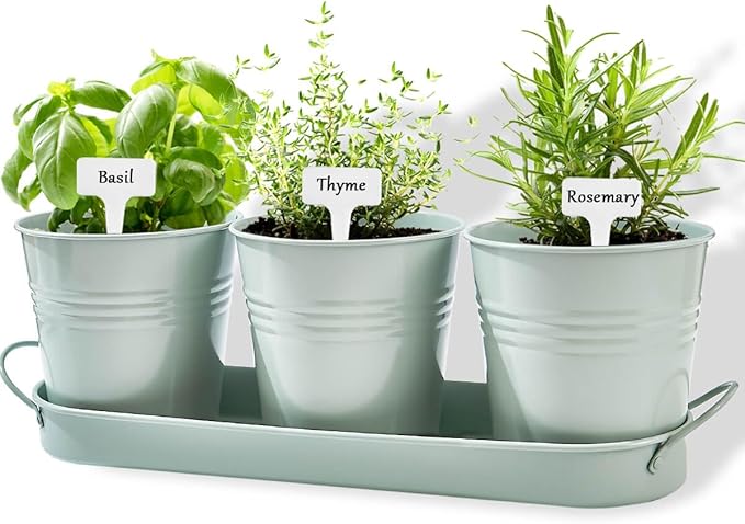 vensovo Indoor Herb Planter Set - Galvanized Windowsill Garden Pots with Tray & Drainage, Set of 3 Metal Window Planters for Kitchen & Outdoor Use, Light Green - Bloomnest