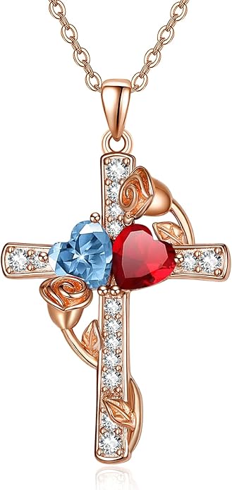 Rose Gold Dual Birthstones Cross Necklace for Women Rose Flower Jewelry Anniversary Christmas Mother's Valentine's Day Birthday Gift for Wife Girlfriend Mom - Bloomnest