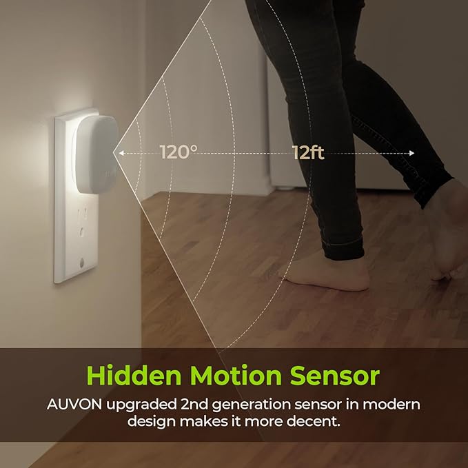AUVON Plug-in LED Backlit Night Light with Motion Sensor & Dusk to Dawn Sensor, Dimmable Cool White Nightlight with 1-50 lm Adjustable Brightness for Bedroom, Bathroom, Stairs, Hallway (4 Pack) - Bloomnest