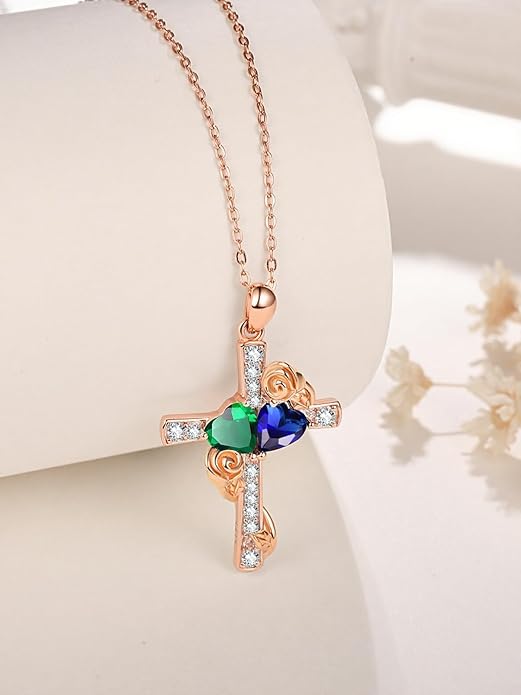 Rose Gold Dual Birthstones Cross Necklace for Women Rose Flower Jewelry Anniversary Christmas Mother's Valentine's Day Birthday Gift for Wife Girlfriend Mom - Bloomnest