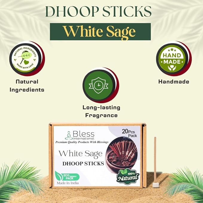 Bless-International White-Sage-100%-Natural-Incense-Bambooless-Dhoop-Sticks Handmade-Organic-Chemicals-Free for-Purification-Relaxation-Positivity-Yoga-Meditation The-Best-scents-4.5-Inches-20-Sticks BlessInternational