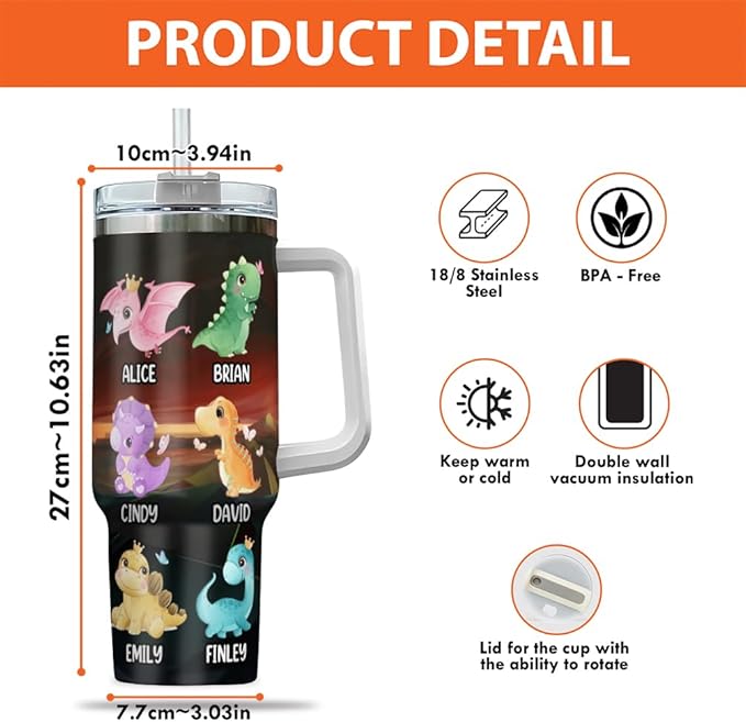 Personalized Dinosaur Dad Tumbler with Handle and Straw, Custom Cute Dino Kids’ Names and Claw Mark Design, Funny Father’s Day Gift for Cool Daddy or Papa - Bloomnest