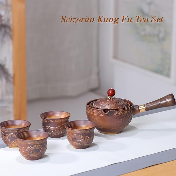 Ceramic Portable Travel Tea Set, Chinese Kungfu Tea Set with 360 Rotation Teapot and Infuser, 4 Tea Cups, Tea Tray And Travel Bag (Carved Dragon)