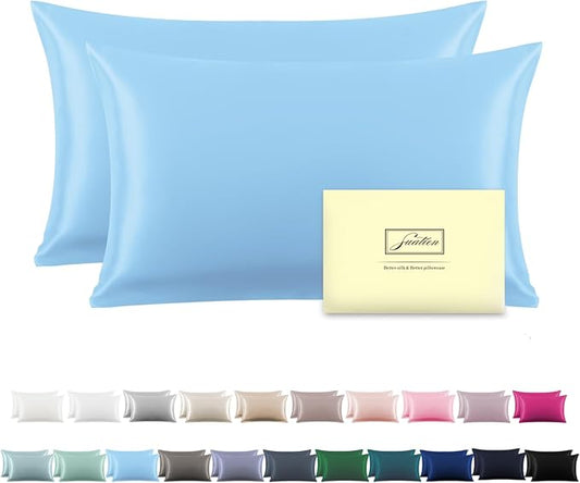 Silk Pillow Cases 2 Pack,Soft Breathable and Sliky Standard Size Pillow Cases Set of 2,Natural Mulberry Silk Pillowcase Set of 2 for Hair and Skin with Hidden Zipper (Sky Blue,20"X 26",2pcs) - Bloomnest