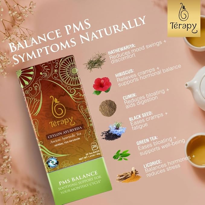 Térapy Ceylon PMS Balance Tea For Women - Soothing Support for PMS Relief, Hormonal Balance, Monthly Cycle support & Period Tea - 100% Natural Herbal Ingredients - Red Hibiscus, Cumin, Licorice & More Herbs - Bloomnest