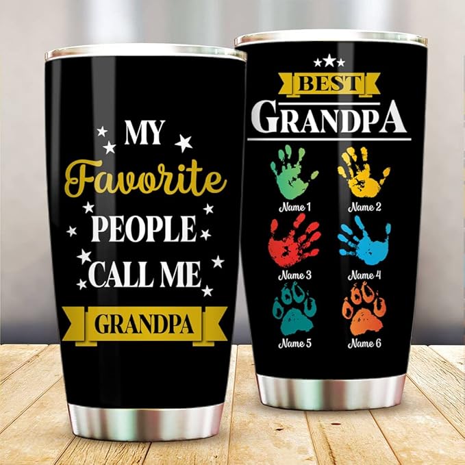 Personalized Best Grandpa, Grandma Colorful Handprint Tumbler Cup with Grandkids Names, Gift For Grandparents, Grandmother, Grandfather Birthday 20oz 30oz Insulated Coffee/Tea Mug with Lid - Bloomnest