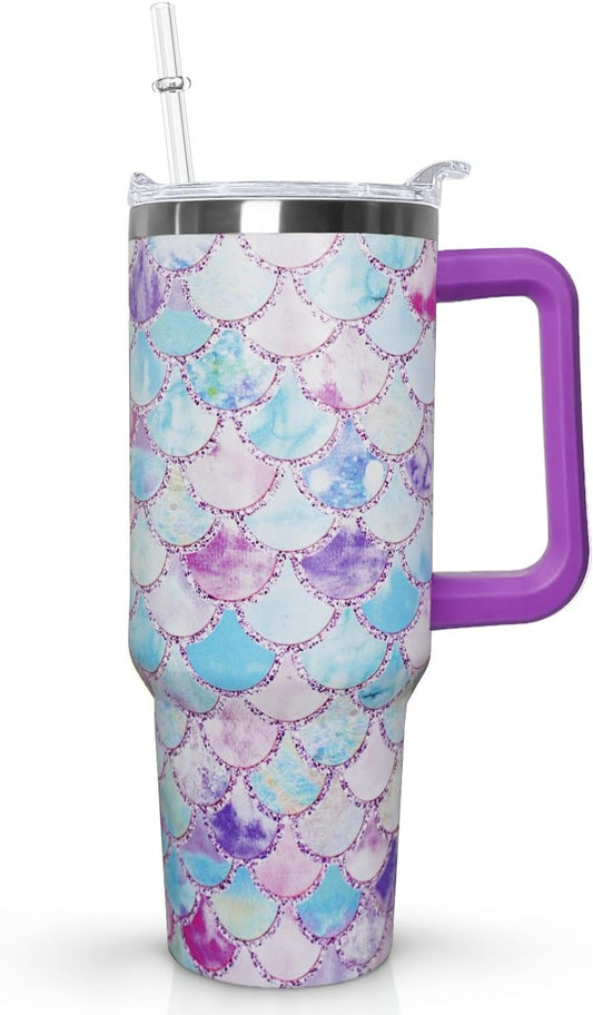 Ceovfoi 40 Oz Double Wall Vacuum Stainless Steel Tumbler with Handle Lid and Straw, Ocean Mermaid Watercolor Cup, Travel Coffee Mug, Hawaiian Decor, Accessories