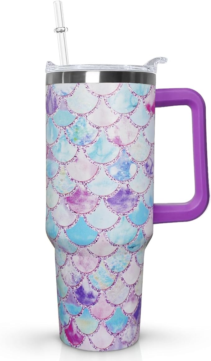 Ceovfoi 40 Oz Double Wall Vacuum Stainless Steel Tumbler with Handle Lid and Straw, Ocean Mermaid Watercolor Cup, Travel Coffee Mug, Hawaiian Decor, Accessories - Bloomnest