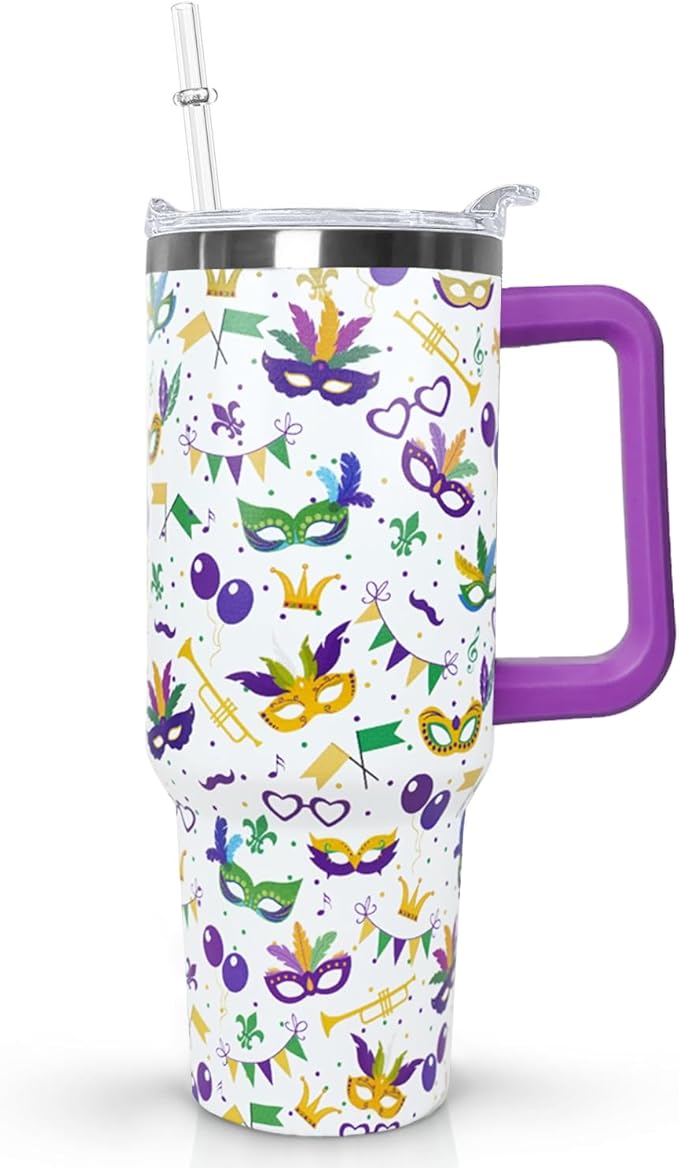 Ceovfoi 40 Oz Mardi Gras Tumbler with Lid and Straw,40 Oz Mardi Gras Coffee Mugs Water Bottles Wine Drinking GlassesTumbler with Straws,Margi Gras Decor,Margi Gras Gifts for Women - Bloomnest
