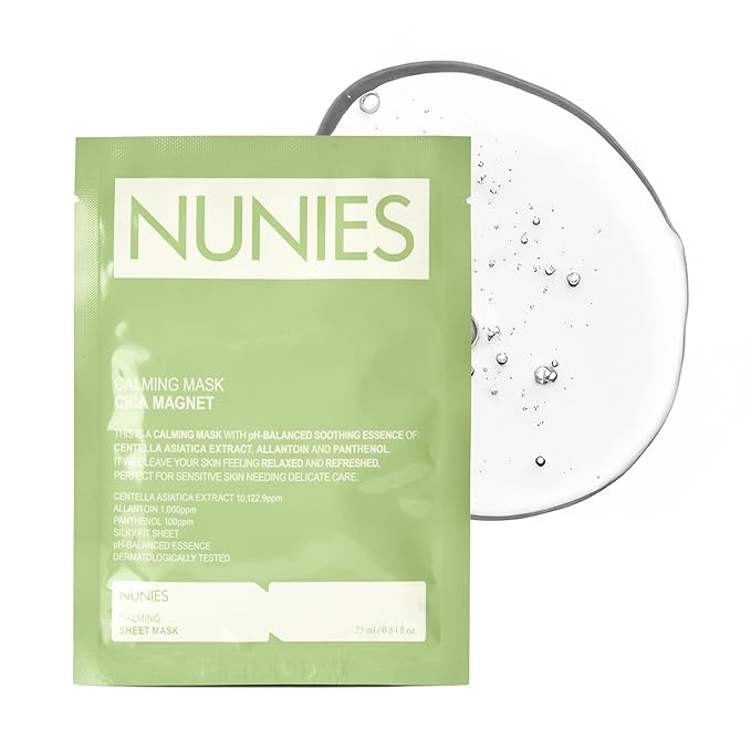 NUNIES Calming Sheet Mask – Korean Soothing Face Mask for Redness & Sensitive Skin | CICA, Allantoin & Panthenol | pH-Balanced | Alcohol-Free, Fragrance-Free, Colorant-Free | 5 Sheets - Bloomnest