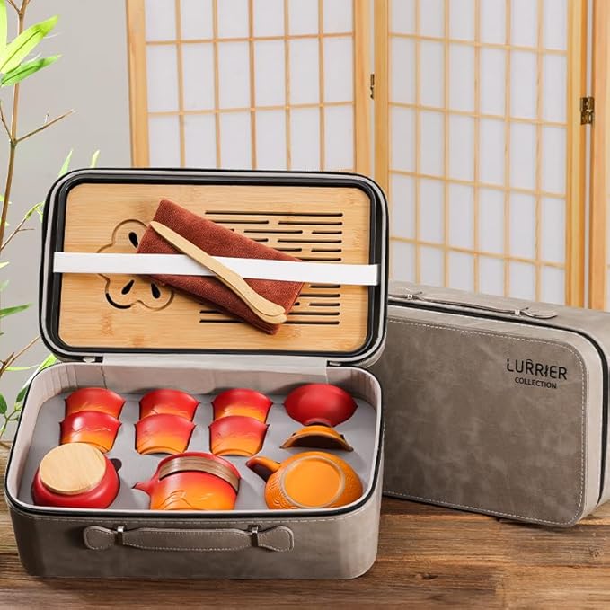 LURRIER Gongfu tea sets, Portable Ceramic TeaSet, Asian Tea sets for adult, Tea Gift sets, Grey leather case, Portable Travel Bag,Home,Gifting,Outdoor and Office(XRed and Orange) - Bloomnest