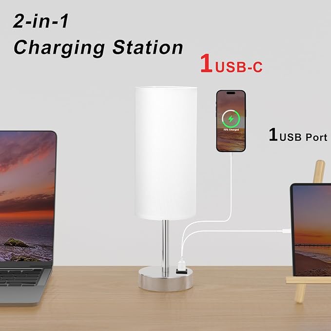 Bedside Table Lamps for Bedroom Set of 2 - Touch Lamp for Nightstand with USB-A+C Charging Ports - 3 Way Dimmable Small Desk Lamp White for Office, Dorm Room, Living Room, Reading, Nursery - Bloomnest