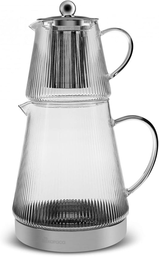 Karaca Keops Turkish Teapot with Infuser and Lid (450 ml Tea Pot & 1500 ml Induction Kettle) - Borosilicate Glass Teapot Set for Stovetops - Clear Tea Maker with 10-15 Cups Capacity