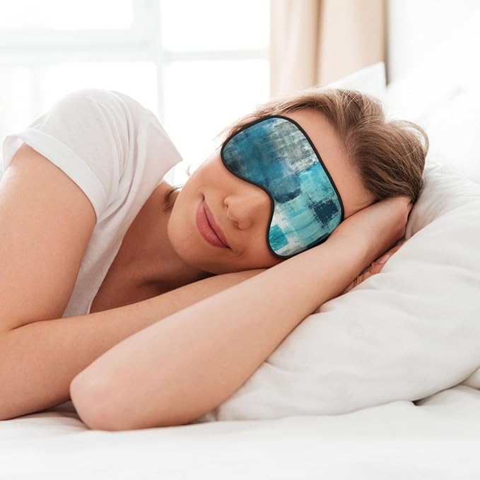 Turquoise and Grey Art Silk Sleep Mask, Adjustable, Breathable, Skin Friendly, 4" x 8", Tie Closure - Bloomnest