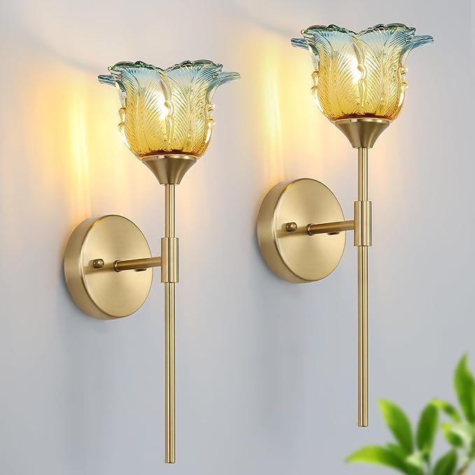 2 Pack Gold Wall Sconce with Modern Flower Glass Shades, Modern Mid Century Bathroom Vanity Wall Light Fixtures, Industrial Brushed Brass Wall Lamp, for Bedroom Mirror Living Room, ETL Listed - Bloomnest