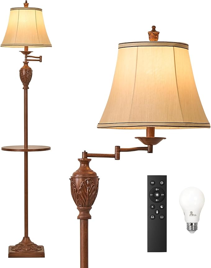 Traditional LED Floor Lamp with 350° Adjustable Swing Arm Lamp – Vintage Standing Pole lamp for Living Room, Bedroom and Office – Rustic Upright Floor Light for Home Décor with Silk Fabric Shade - Bloomnest