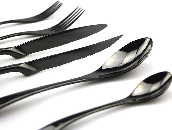 JASHII 18/10 Stainless Steel 24 Piece Mirror Polished Black Flatware Set,Dinner Knife Steak Knife Salad Fork Dessert Coffee Spoon，Service for 4 ，Black Utensil Sets - Bloomnest
