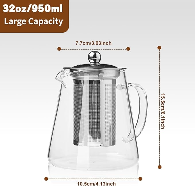 Glass Teapot, Tea Pot with Removable Infusers for Loose Tea, Borosilicate Glass Tea Kettle Tea Maker Stovetop for Party, Camping,Travel (950ML) - Bloomnest