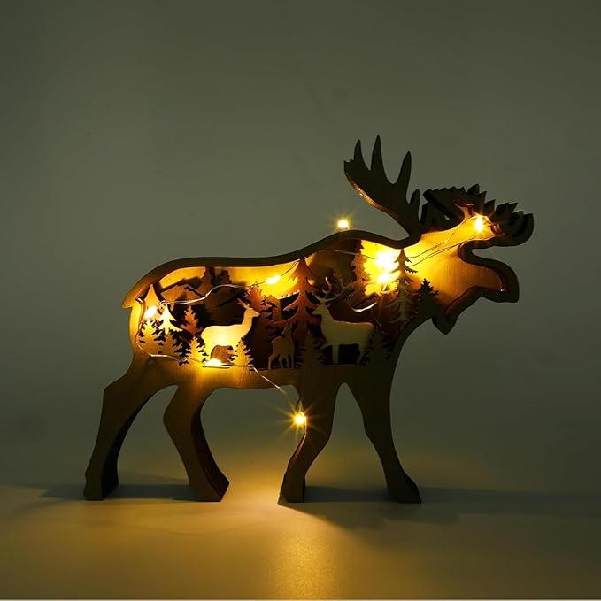 Drawelry 3D Wood Carving Animals Lamp Home Decorative, Cute Bear Family Elephant Presents Ideas Christmas Living Room Office Decor Warm LED Night Lights Gift for Friend Daughter Son Mom Dad (Moose) - Bloomnest