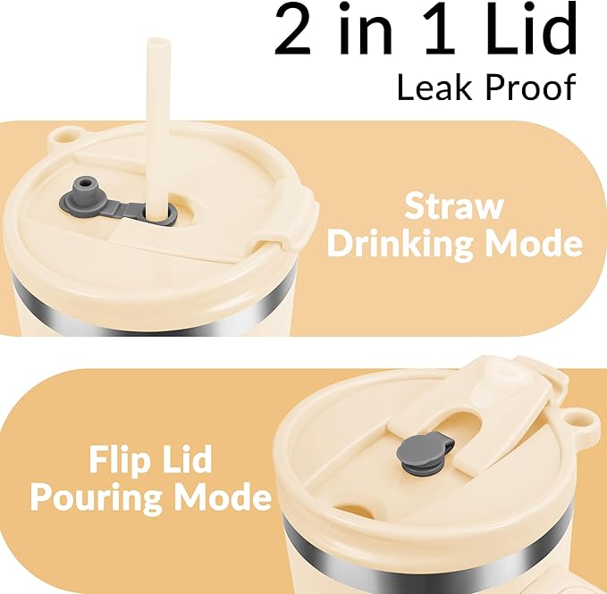 WETOWETO 40oz Tumbler with Handle | Insulated Stainless Steel Travel Mug | 34Hrs Cold & 10Hrs Hot Retention | 100% Leakproof Lid & Straw | Dishwasher Safe + Car Cup Holder Fit (Cream Color) - Bloomnest