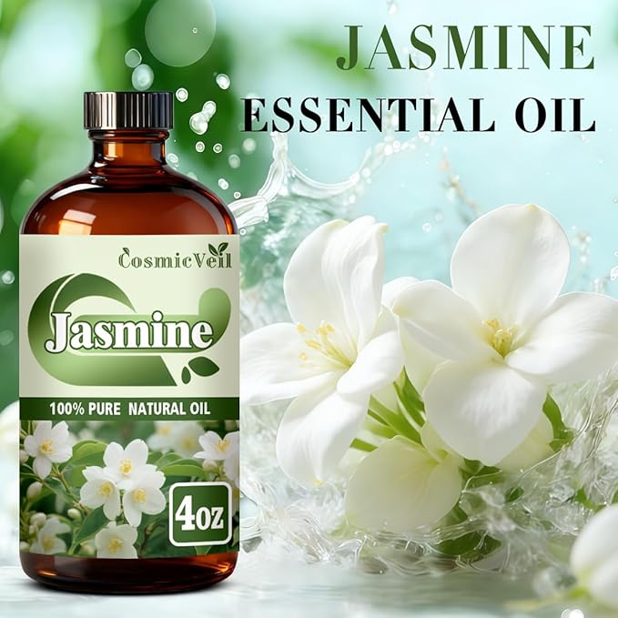 Jasmine Essential Oil Fragrance Oil for Aroma Diffuser,Humidifier,Home Fragrance,Cleaning,Body Care,Massage,Yoga,DIY Candle,DIY Soap CosmicVeil（Jasmime，4 Fl Oz (Pack of 1)） Cosmicveilessentialoil
